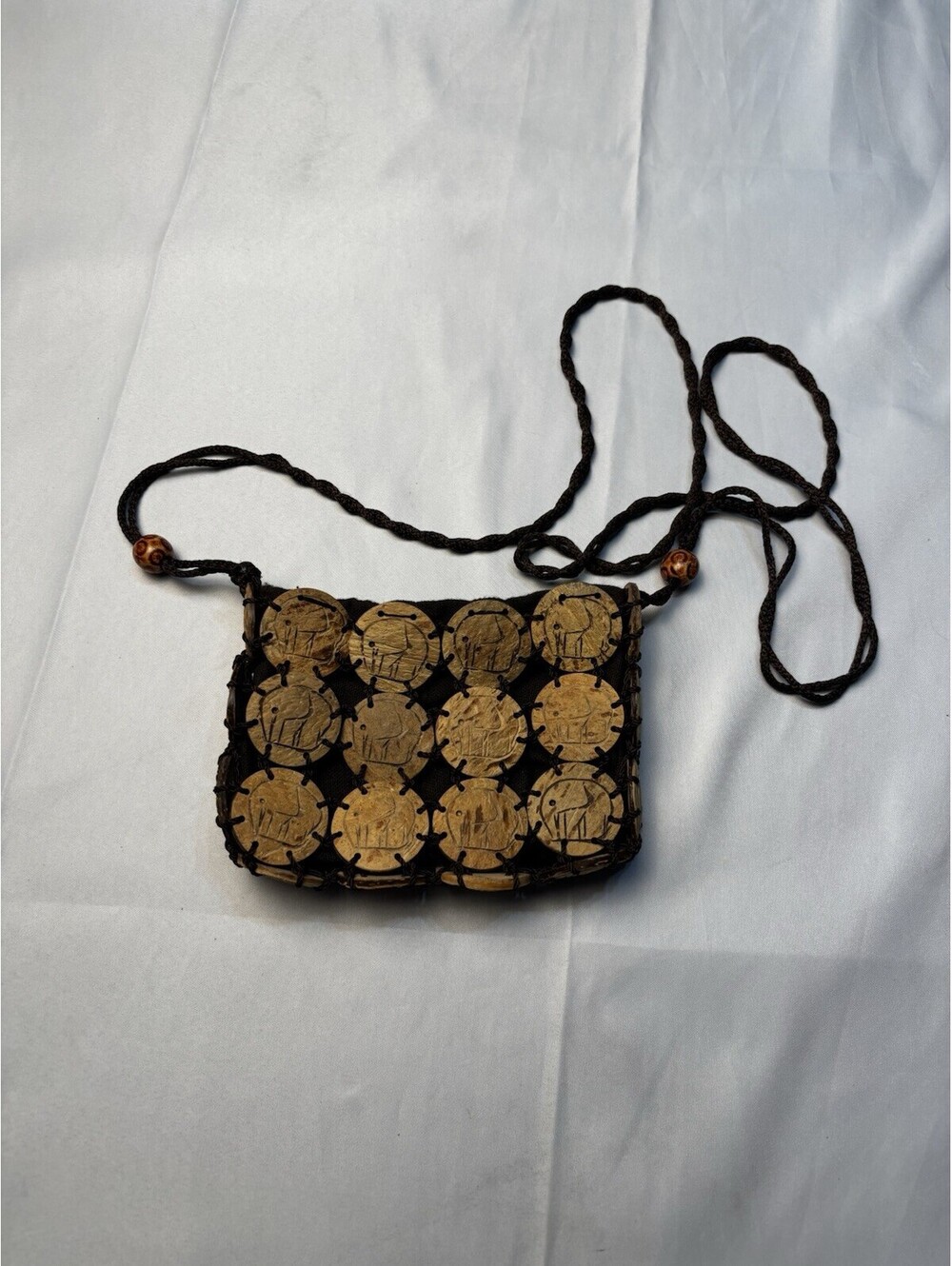 Handmade Boho Chic Small Crossbody Bag with Wooden Discs